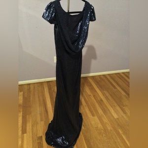 Sparkly Deep Navy Blue Sequins bridesmaid dress. Long mermaid short sleeves.